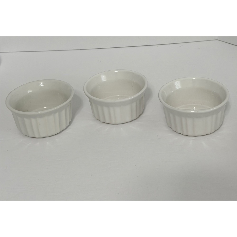 Set of 3 Corning Ware Ramekin Custard Cup French White Stoneware Ribbed 4 Oz